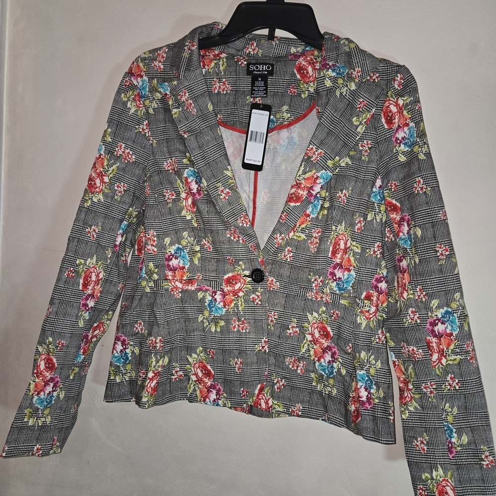 Soho Women's Floral Plaid Blazer - Gray and Red